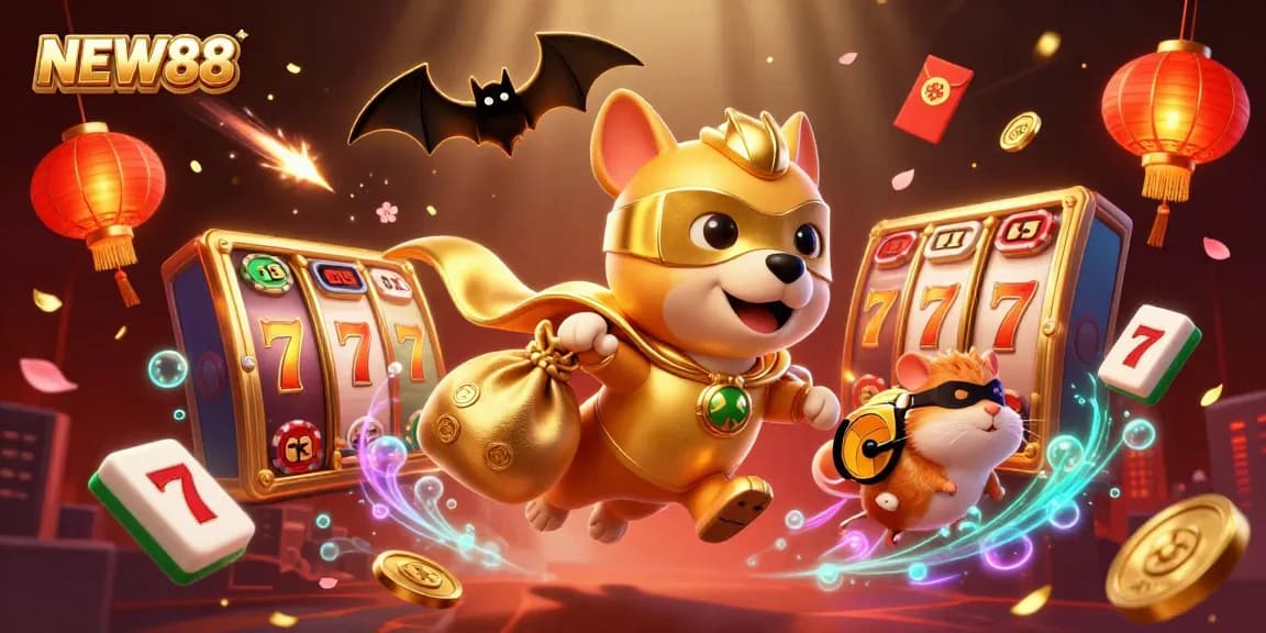 Experience NEW88's thrilling jackpot excitement with 3D cartoon heroes in a vibrant casino atmosphere.
