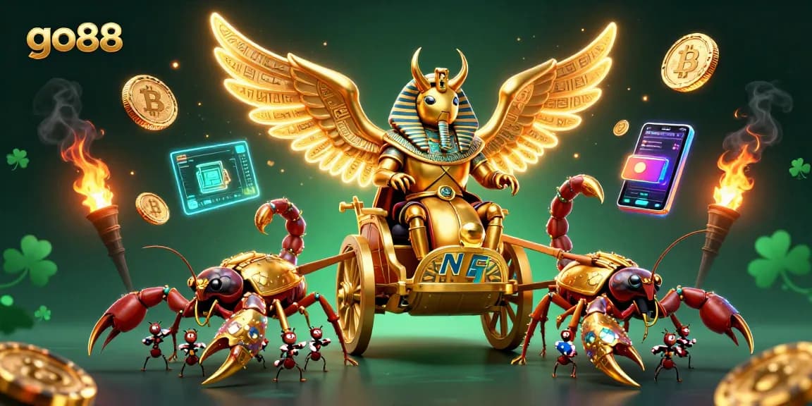 Join the go88 casino adventure featuring a colossal scarab beetle in pharaoh armor amidst dynamic gaming elements.