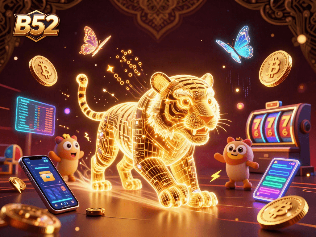 Experience thrilling gameplay with the B52 tiger amidst vibrant casino elements and crypto icons.