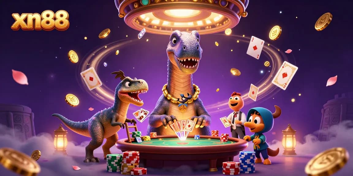 Play thrilling games with xn88 in a vibrant casino scene featuring a giant dinosaur and dynamic cards.