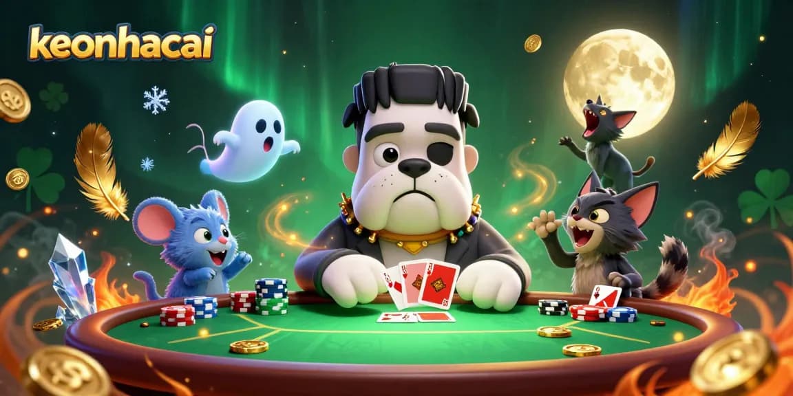 Engage with keonhacai featuring a bulldog monster dealing cards at a spooky table in a vibrant casino atmosphere.