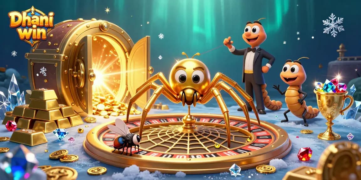 Dive into the thrill of Dhani win as a fly nervously bets with spinning roulette and treasures around.