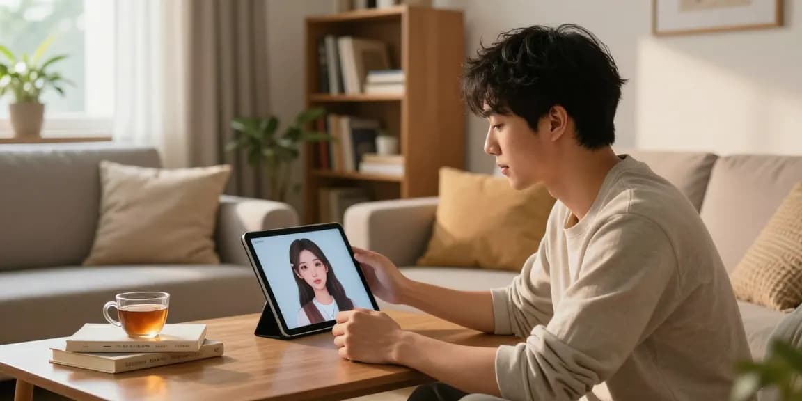 Engaging conversation with an AI girlfriend on a tablet in a cozy living room