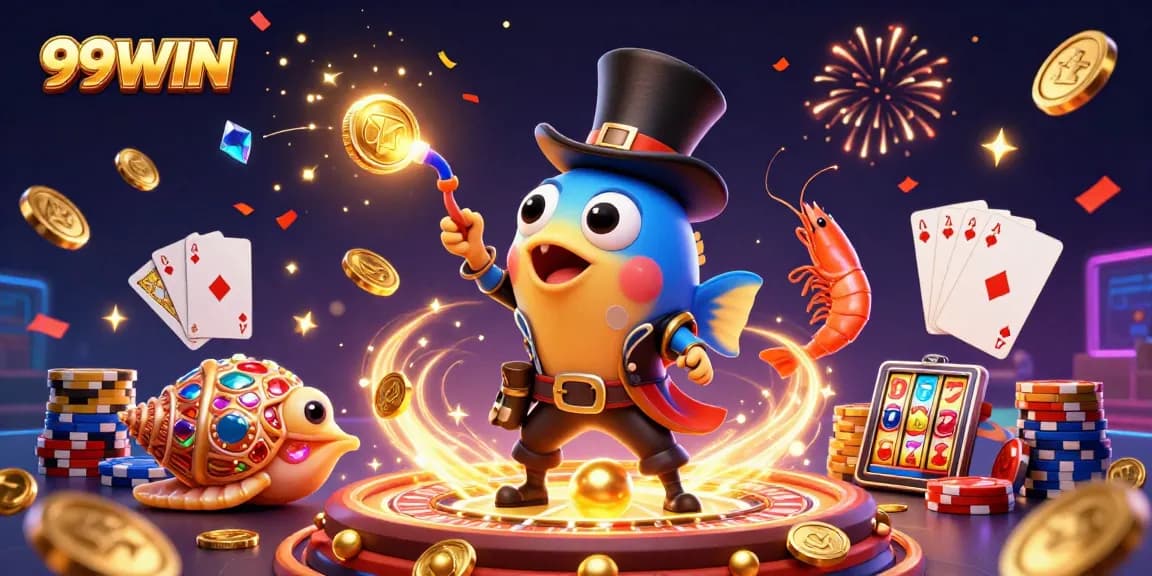 Spin for riches with 99WIN's dynamic casino scene featuring golden coins and vibrant characters.