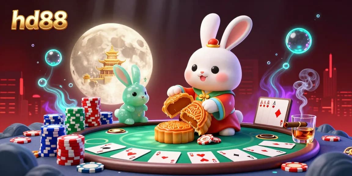 Experience exhilarating poker action at hd88 with a creative scene of moon rabbits revealing poker chips.