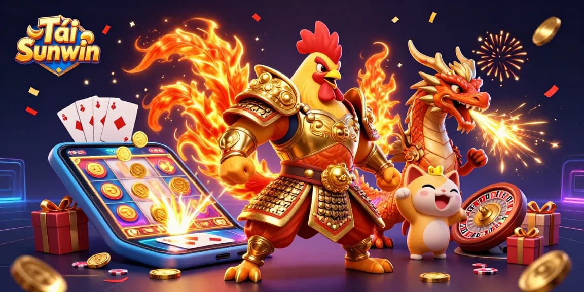 Tải Sunwin showcases an exhilarating gaming scene with vibrant characters and exciting casino elements.