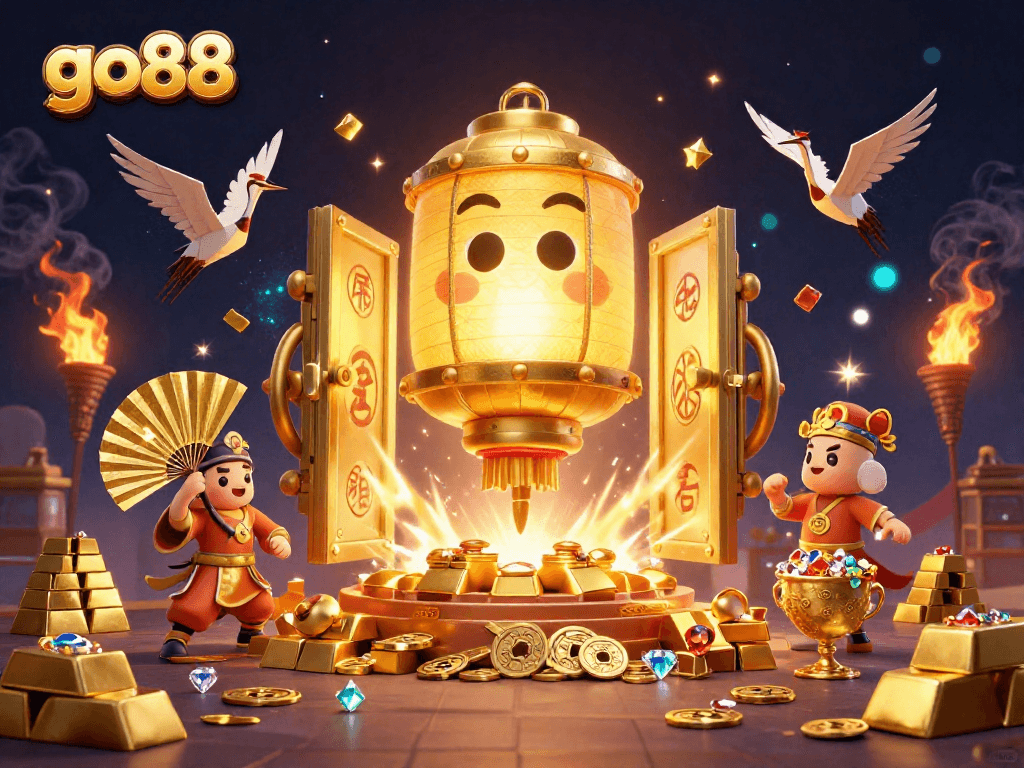 Experience exciting gaming with go88's vibrant 3D representation featuring stunning golden elements.