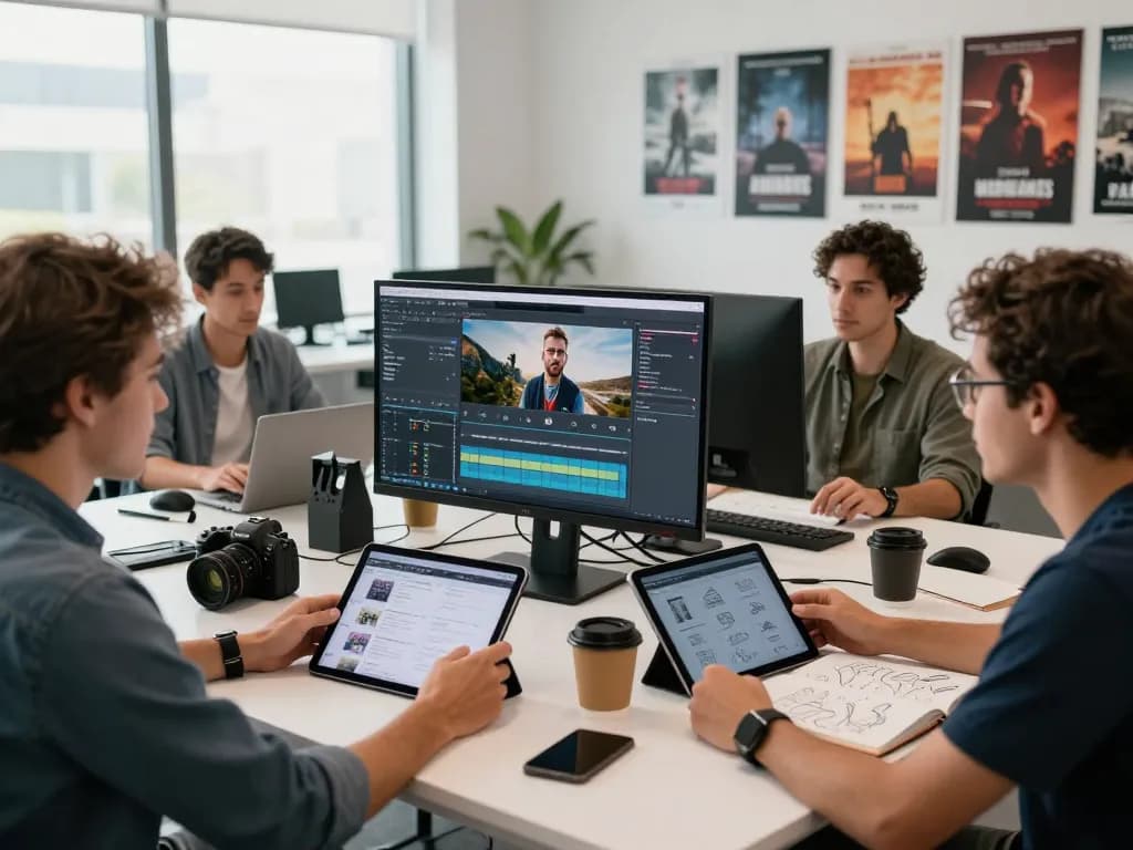 Dynamic content creation scene showcasing Seedance AI video generation capabilities with diverse creators collaborating in a modern workspace.