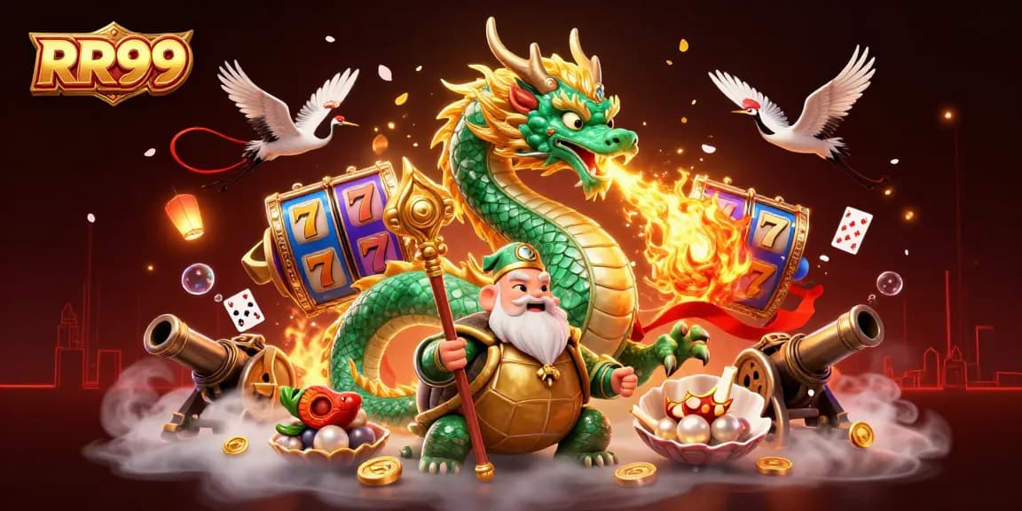 Experience the thrill of RR99 with a vibrant scene featuring a jade dragon, fortune symbols, and slot reels.