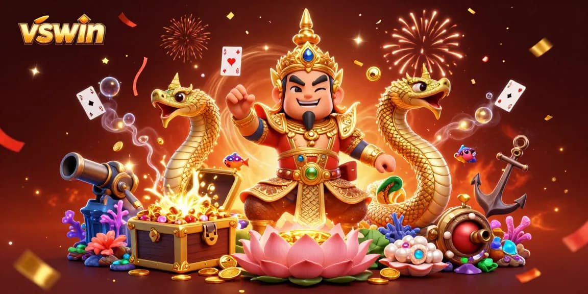 Engage in vibrant betting excitement with vswin illustrated through colorful characters, cards, and gold.