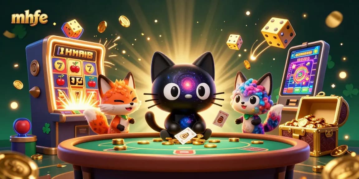 Win big at mhfe-inspired cosmic casino with a black hole cat and colorful fox.