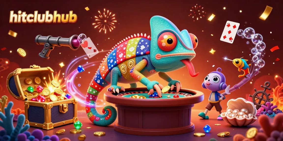 Experience thrilling gameplay on hitclubhub with a vibrant casino scene filled with chameleons and colorful gems.
