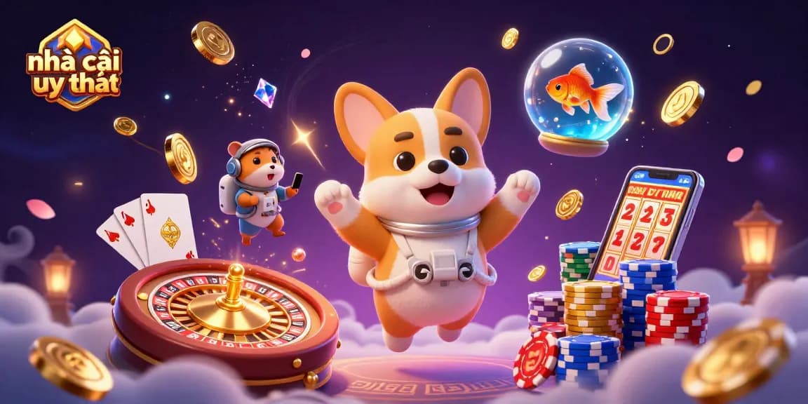 Experience the vibrant action of nhà cái uy tín in a dynamic casino scene featuring astronauts amidst floating coins.