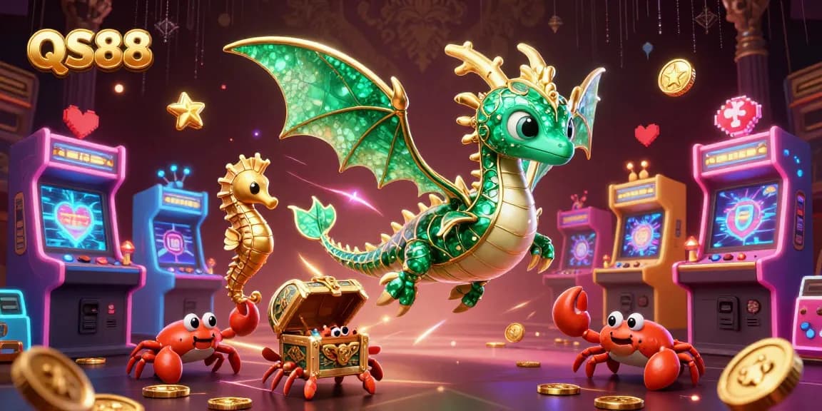 Engage with QS88's vibrant online casino world featuring a dragon, seahorse, and treasure in a dynamic gaming setting.
