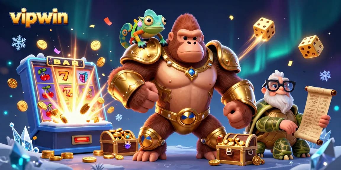 Experience the excitement of vipwin with dynamic casino characters, slot machines, and gaming elements bursting in action.