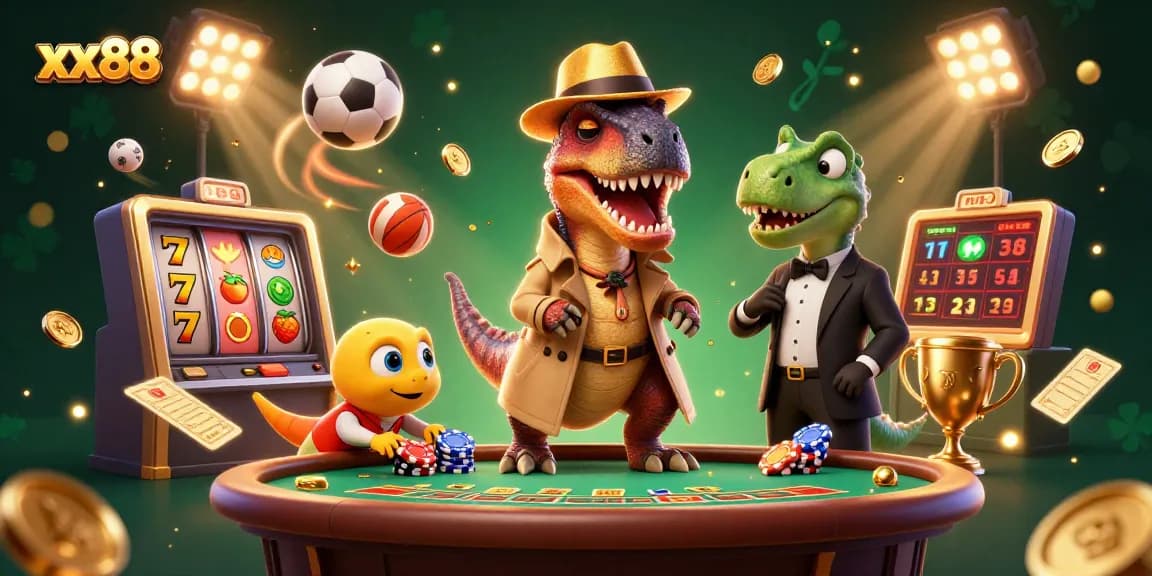 Experience thrilling gaming at xx88 with a cartoon velociraptor card counter at a blackjack table.