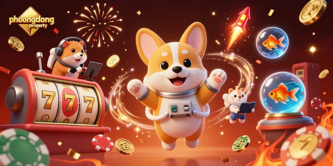 Experience excitement with phuongdongproperty's dynamic gaming scene featuring an astronaut corgi and vibrant casino elements.