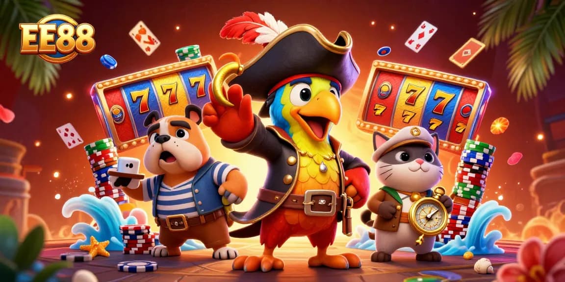 Engage in thrilling gameplay at EE88 with colorful slot reels and lively gaming characters.