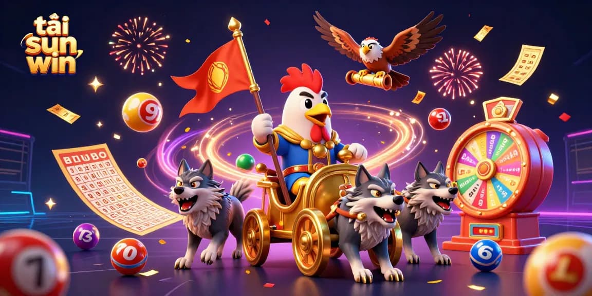 Engaging scene of 3D cartoon rooster warlord featuring tải sun win in a vibrant, dynamic casino celebration.
