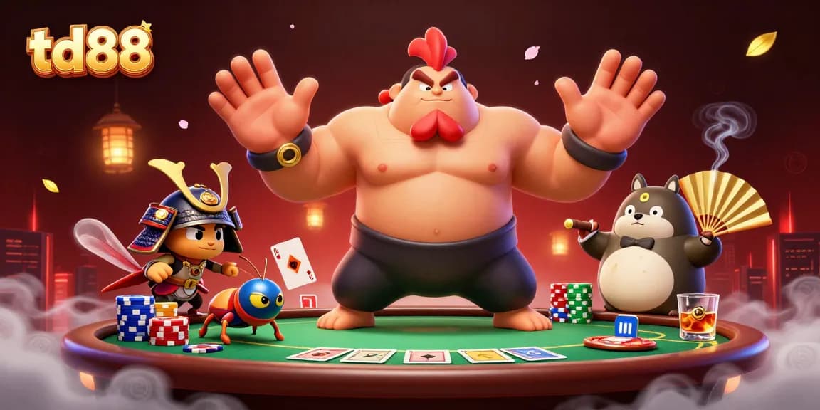 Engage in exciting poker with td88, featuring a powerful rooster, fierce cricket, and tanuki in a vibrant casino.
