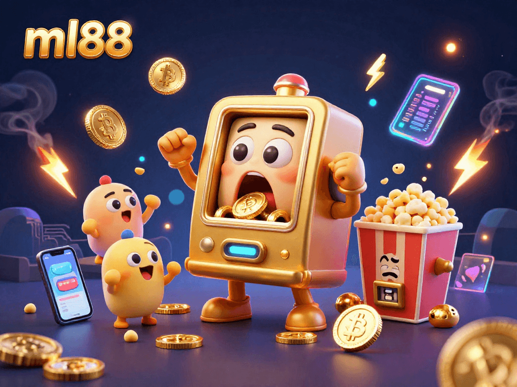 A 3D golden slot machine celebrates a jackpot in ml88, surrounded by baby slots, crypto coins, and a popcorn machine, all in vibrant casino style.