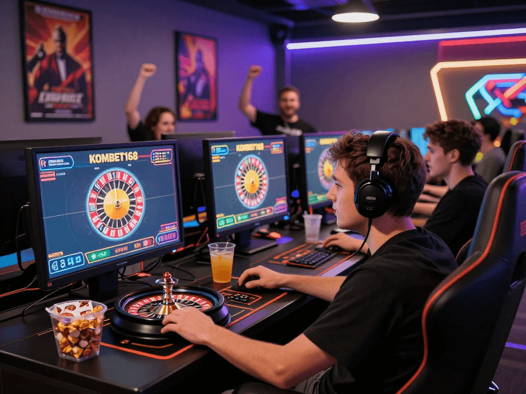 KOMBET168 gaming enthusiast playing online roulette in esports lounge.