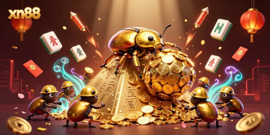 xn88 offers an exciting gaming experience with golden coins rolling and festive symbols in a dynamic casino scene.
