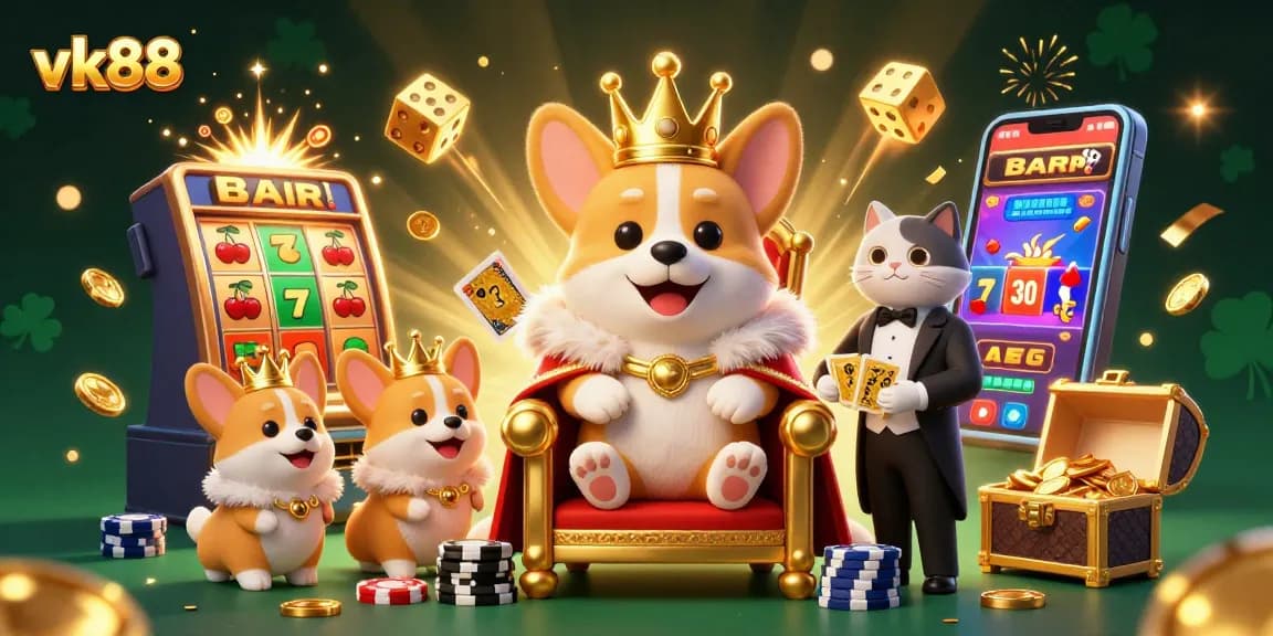 Engage with vk88 casino action in a vibrant 3D scene featuring royal corgis and jackpot elements.