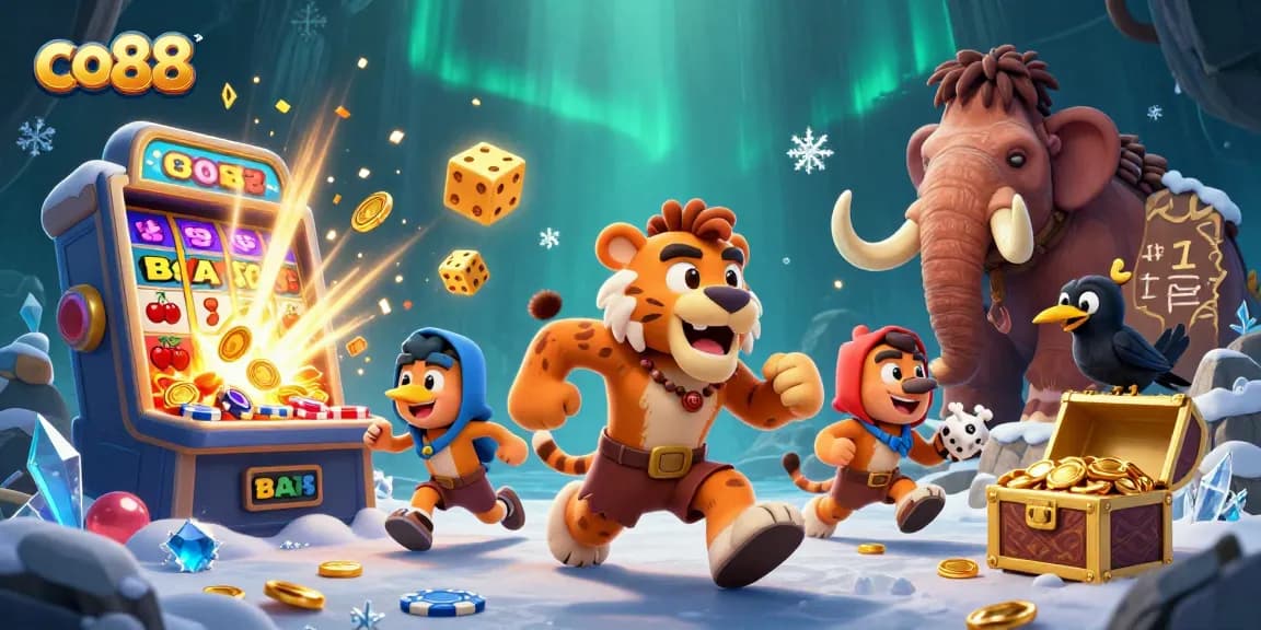 Join the fun at co88 casino with exciting games and vibrant visuals featuring a lively prehistoric scene.