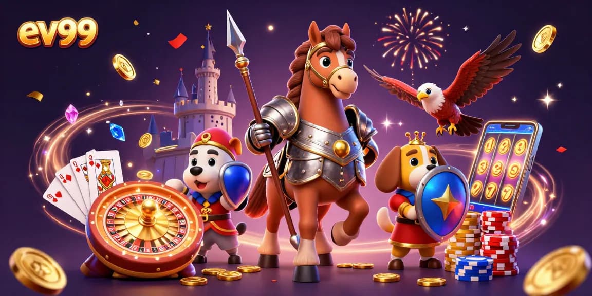 Spin reels and win with ev99 as a colorful medieval scene bursts with casino excitement.