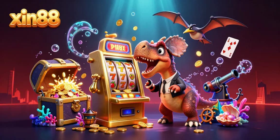 Win big at xin88 with a pachycephalosaurus hitting a slot machine, surfacing coins everywhere.