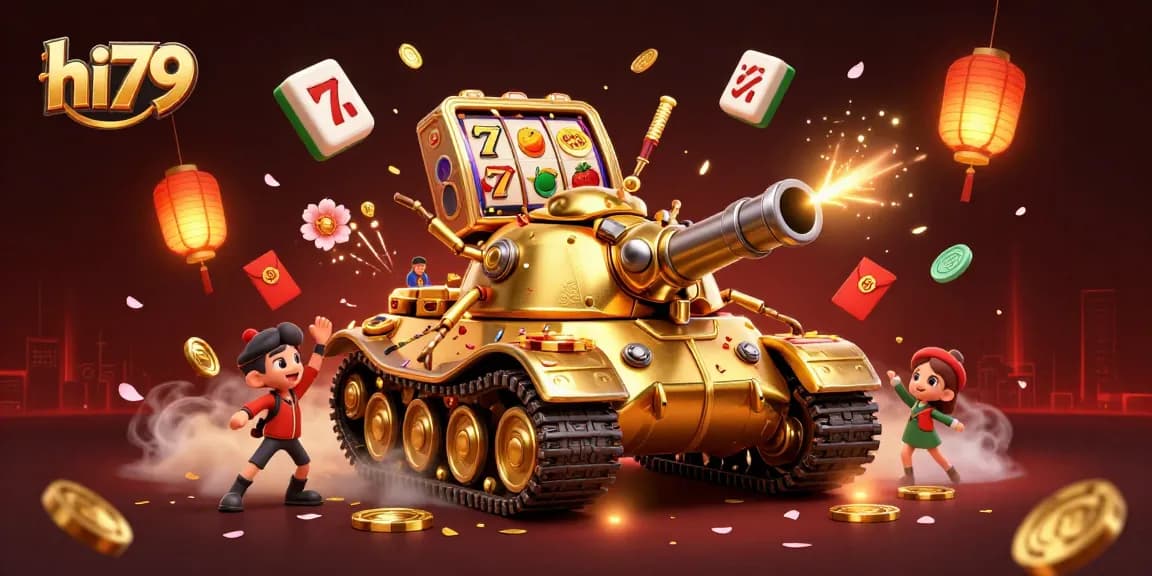 Engage with hi79 casino fun in a vibrant 3D scene filled with luck symbols and golden treasures.