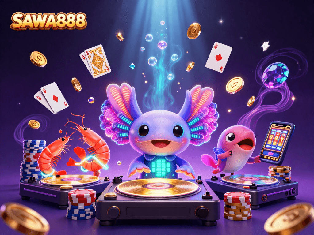 SAWA888 vibrant casino scene featuring a DJ axolotl with gems, coins, and playful sea creatures.