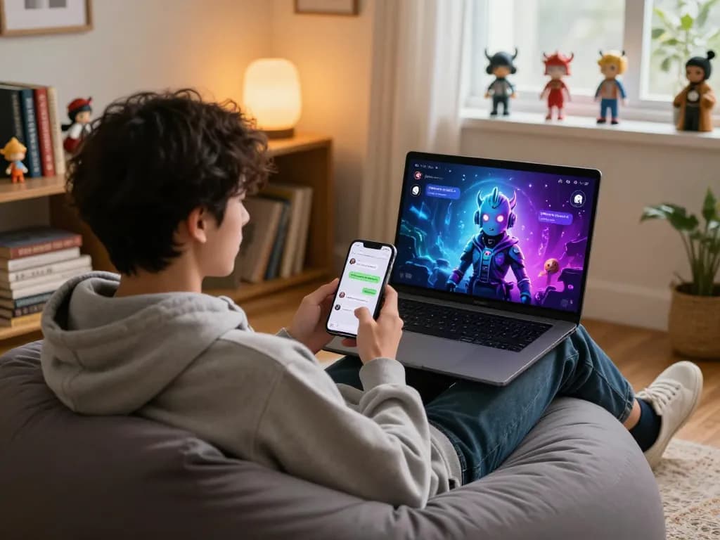 User engaging in an ai porn chat with a vibrant AI chatbot on their laptop in a cozy home setup, illustrating playful avatars and colorful interface elements.