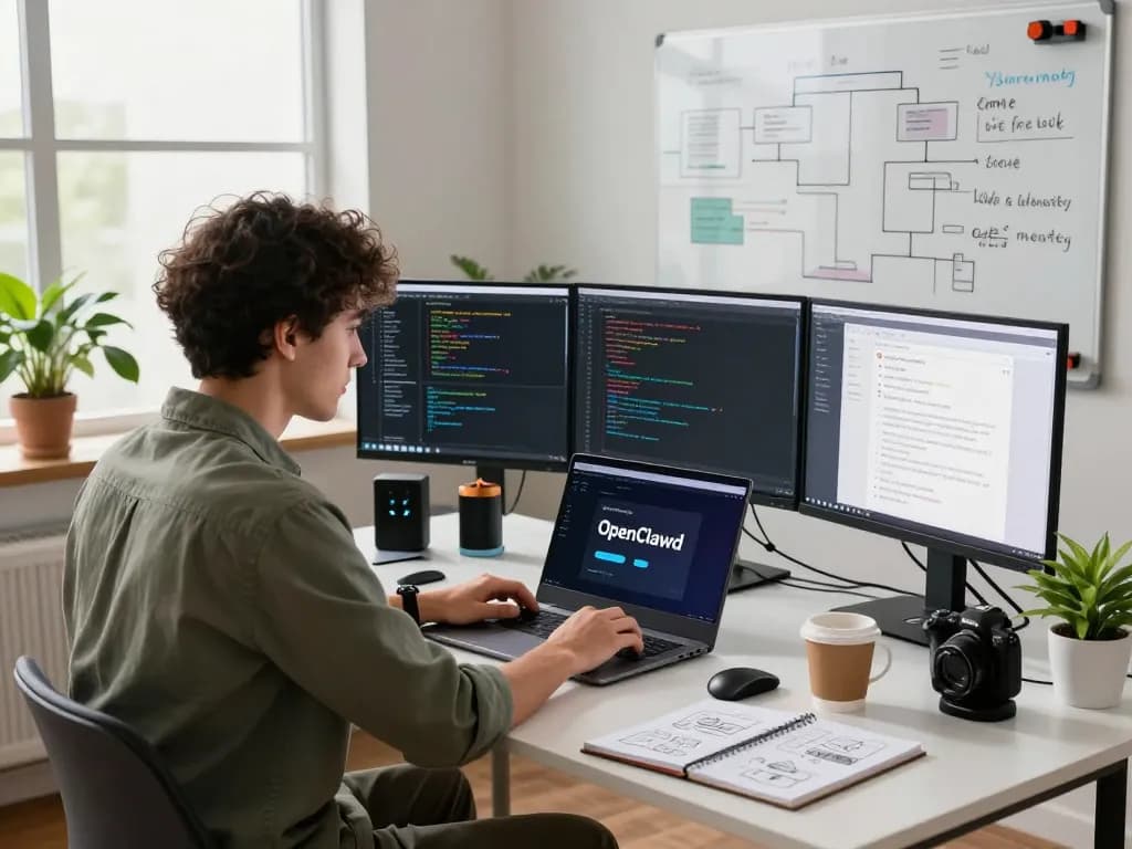 Developer configuring clawbot AI assistant in modern workspace with dual monitors and vibrant atmosphere.