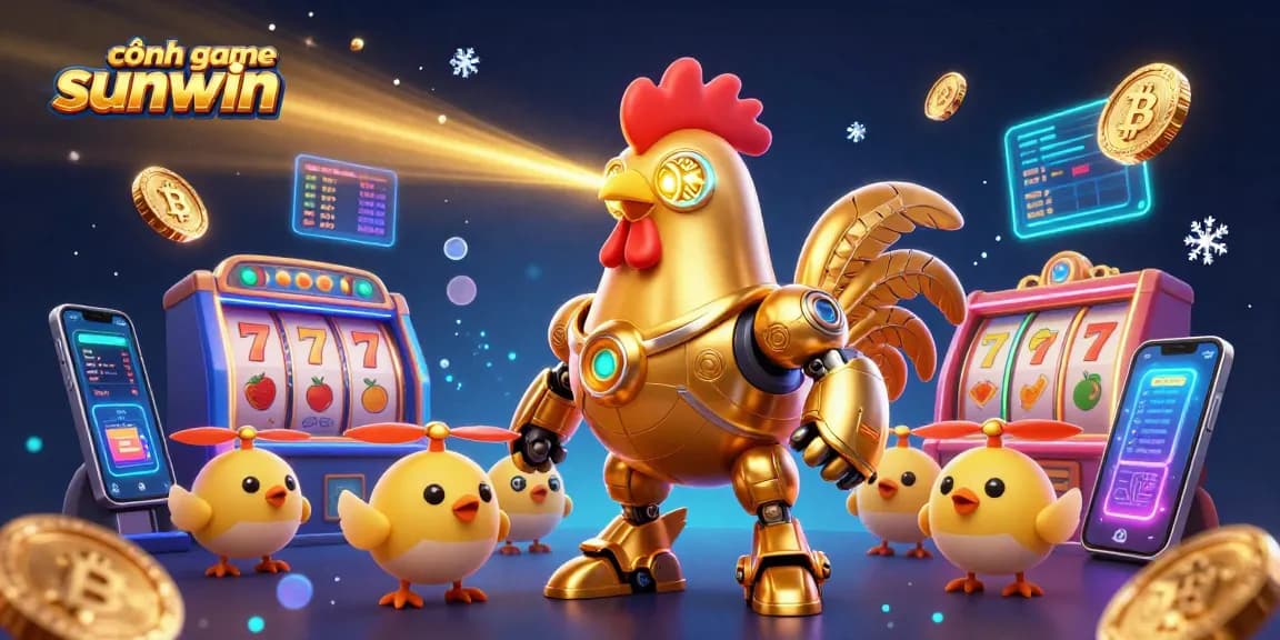 Engage with exciting features in the cổng game sunwin showcasing a golden rooster robot and crypto elements.