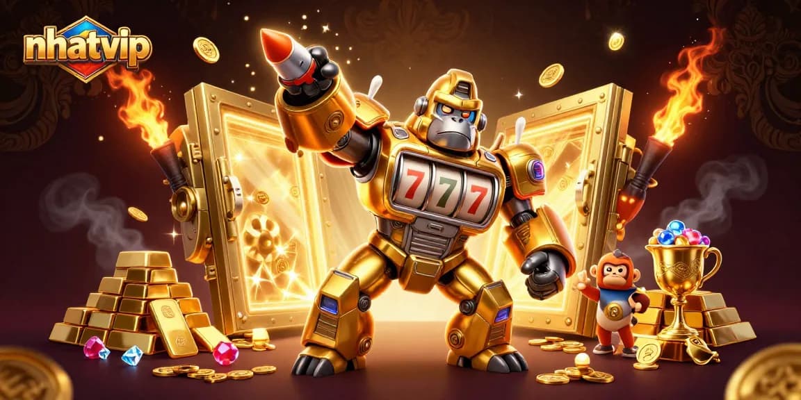 Nhatvip's golden gorilla mech triumphs with jackpot reels and treasure, showcasing the excitement of online gambling.