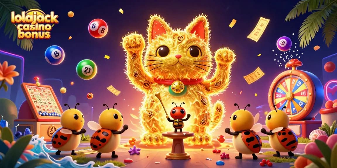 Experience the thrill with the lolajack casino bonus illustration featuring vibrant casino symbols and dynamic elements.