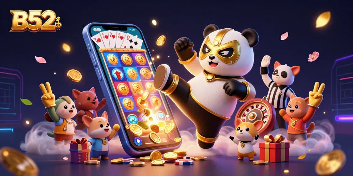 B52club showcases a lively gaming scene with a wrestler panda and a referee, surrounded by casino elements.