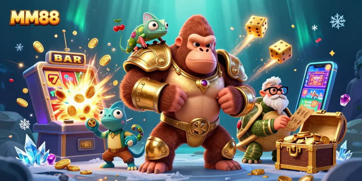 Celebrate your wins at MM88 with thrilling 3D casino action featuring vibrant game symbols, a lively gorilla king, and colorful characters.