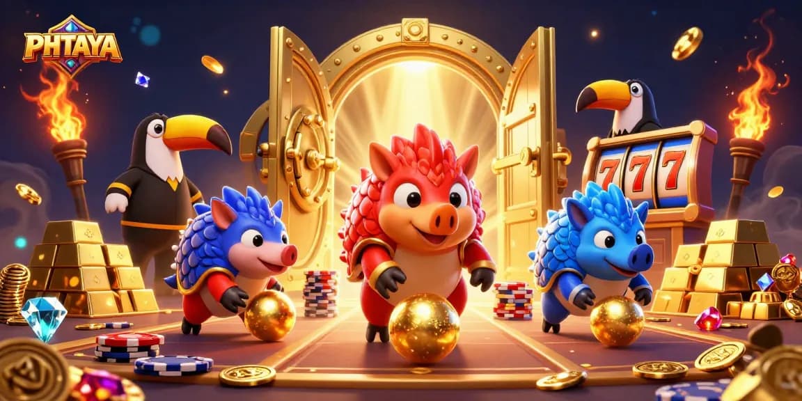 PHTAYA: Spin and win with rival pangolins bowling through poker chips in a vibrant casino scene.