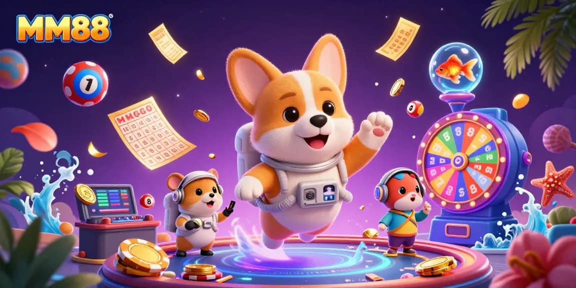 Experience MM88's exciting casino atmosphere through vibrant gaming elements and fun characters.