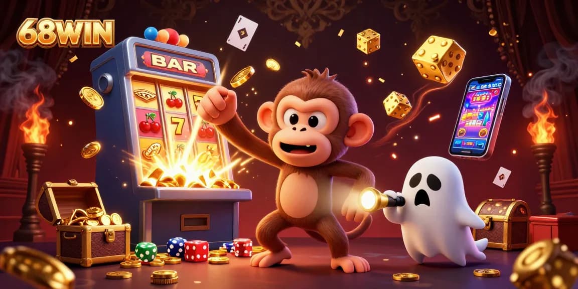 Experience the excitement of 68WIN with a playful scene featuring a poltergeist monkey juggling golden items in a casino.