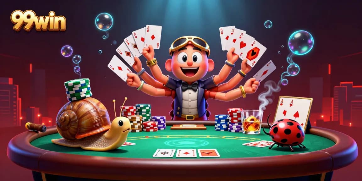 Engage with 99win's advanced casino experience featuring an animated dealer, dynamic cards, and vibrant chips.