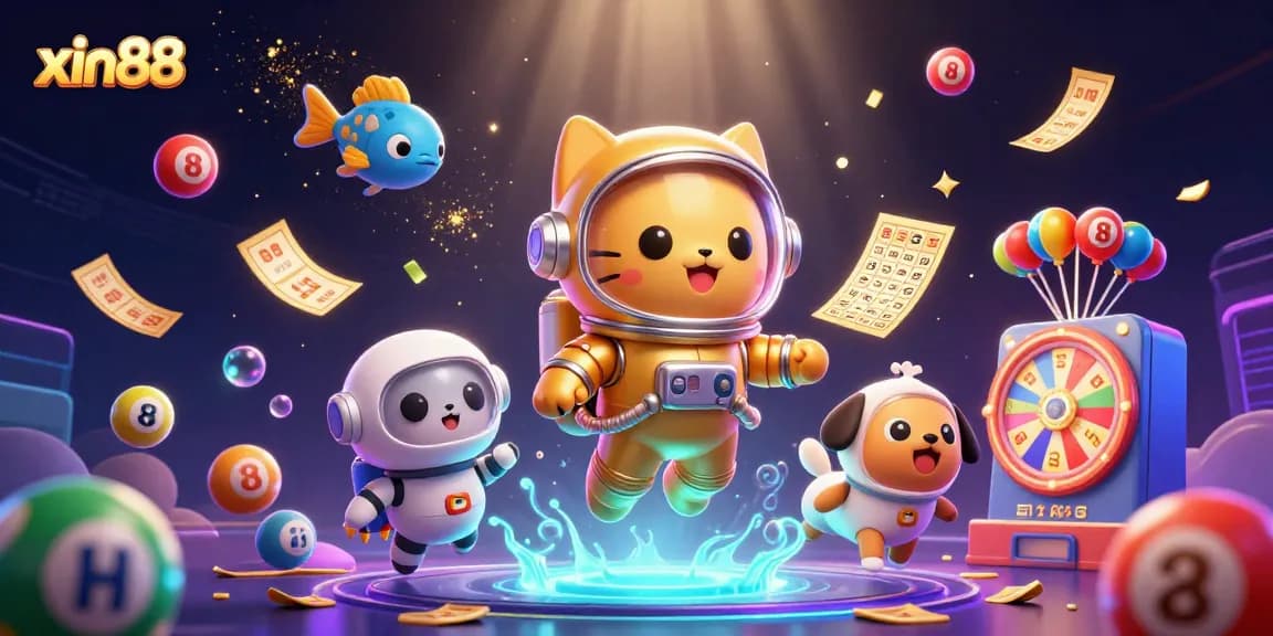 XIN88's dynamic gaming universe showcases colorful lottery balls and vibrant prize elements in a captivating illustration.