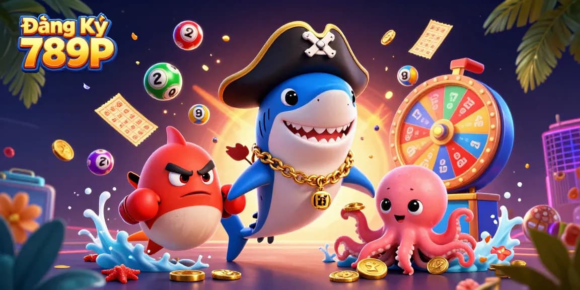 Experience thrilling gameplay with Đăng Ký 789P, featuring fun characters and colorful lottery elements surrounded by dynamic casino icons.