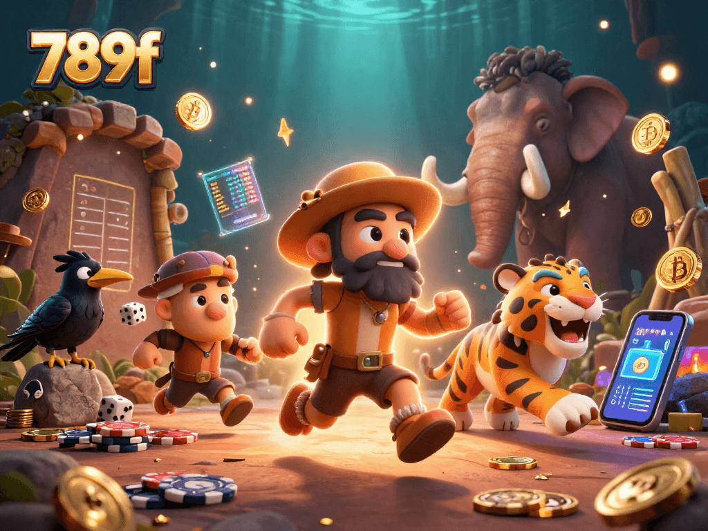 Engage with the thrilling 789f casino experience through a colorful 3D illustration of cavemen and a tiger, highlighting prehistoric gaming fun.