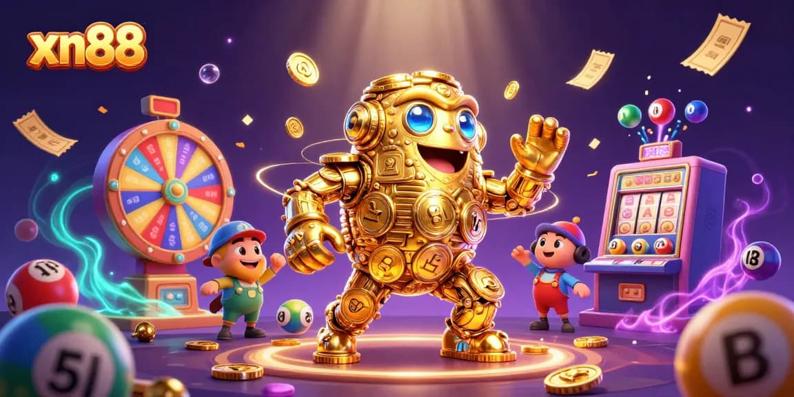 Experience thrilling moments at xn88 with a vibrant 3D illustration of coins, lottery elements, and excitement.
