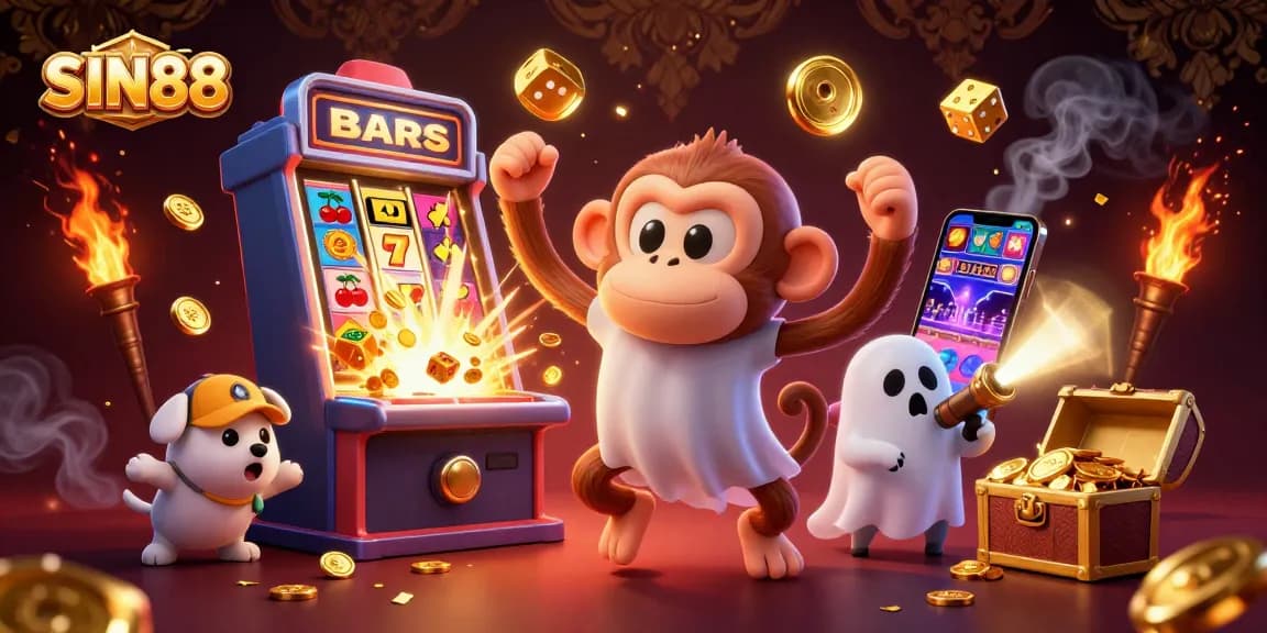SIN88 showcases a dynamic casino scene with golden coins and a playful ghost-hunter puppy tracking a mischievous monkey.