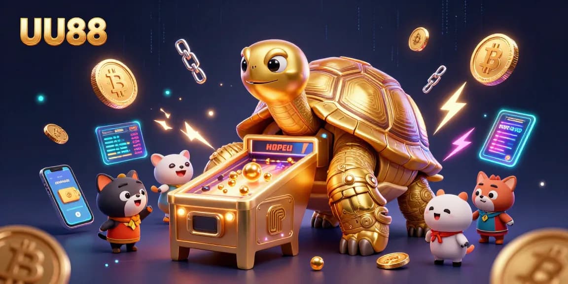 Experience the excitement of UU88 with a dynamic gaming scene featuring 3D characters and crypto elements.